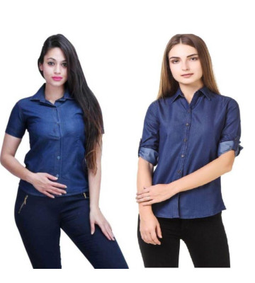 Women's Denim Solid Shirt Buy 1 Get 1 Free  Denim Pattern Solid Blue 